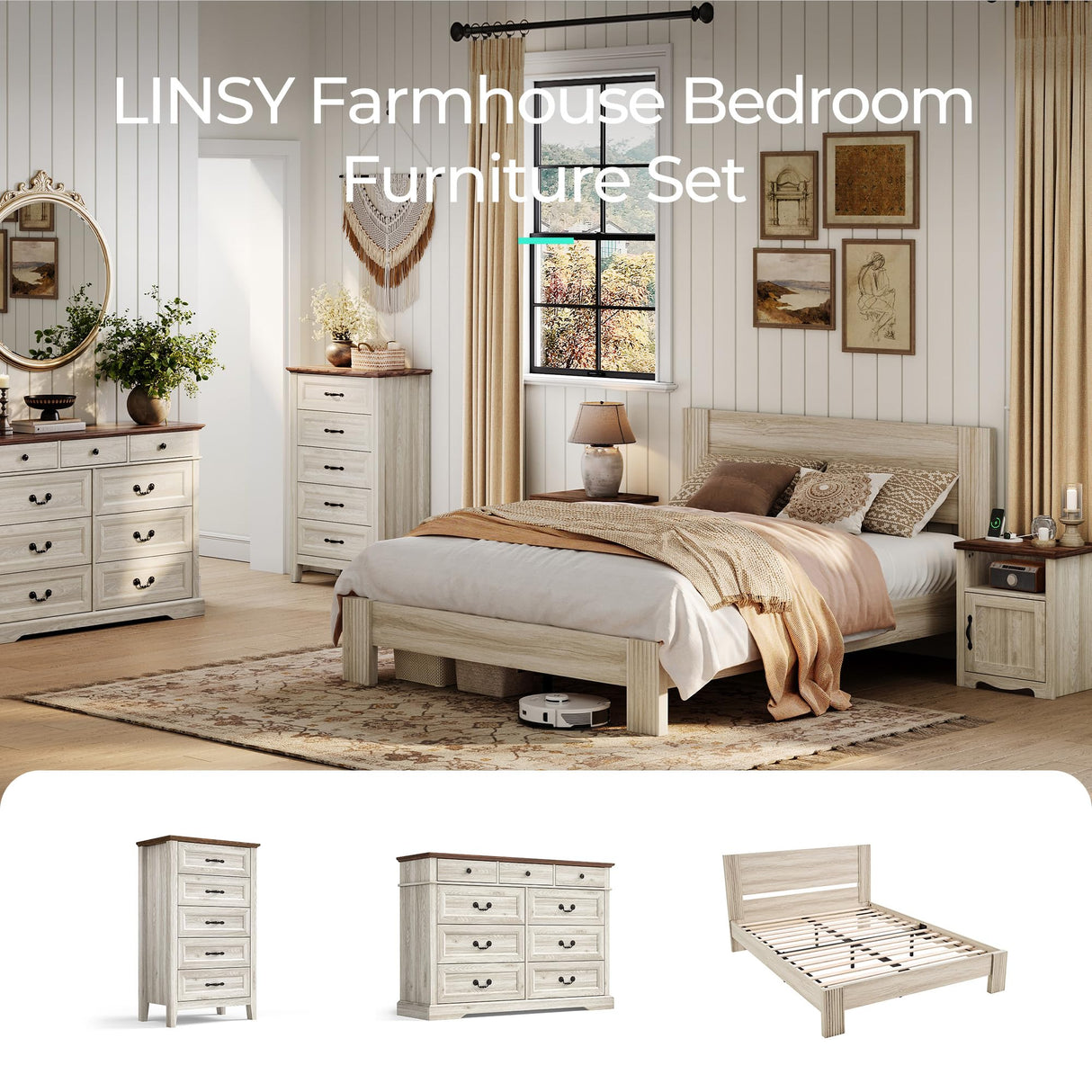 LINSY Farmhouse Night Stand Set of 2, 18.9” Wood End Table with Charging Station, Side Table for Bedroom, Living Room, Couch with USB Ports and Outlets, Nightstand with Storage, Beige LINSY