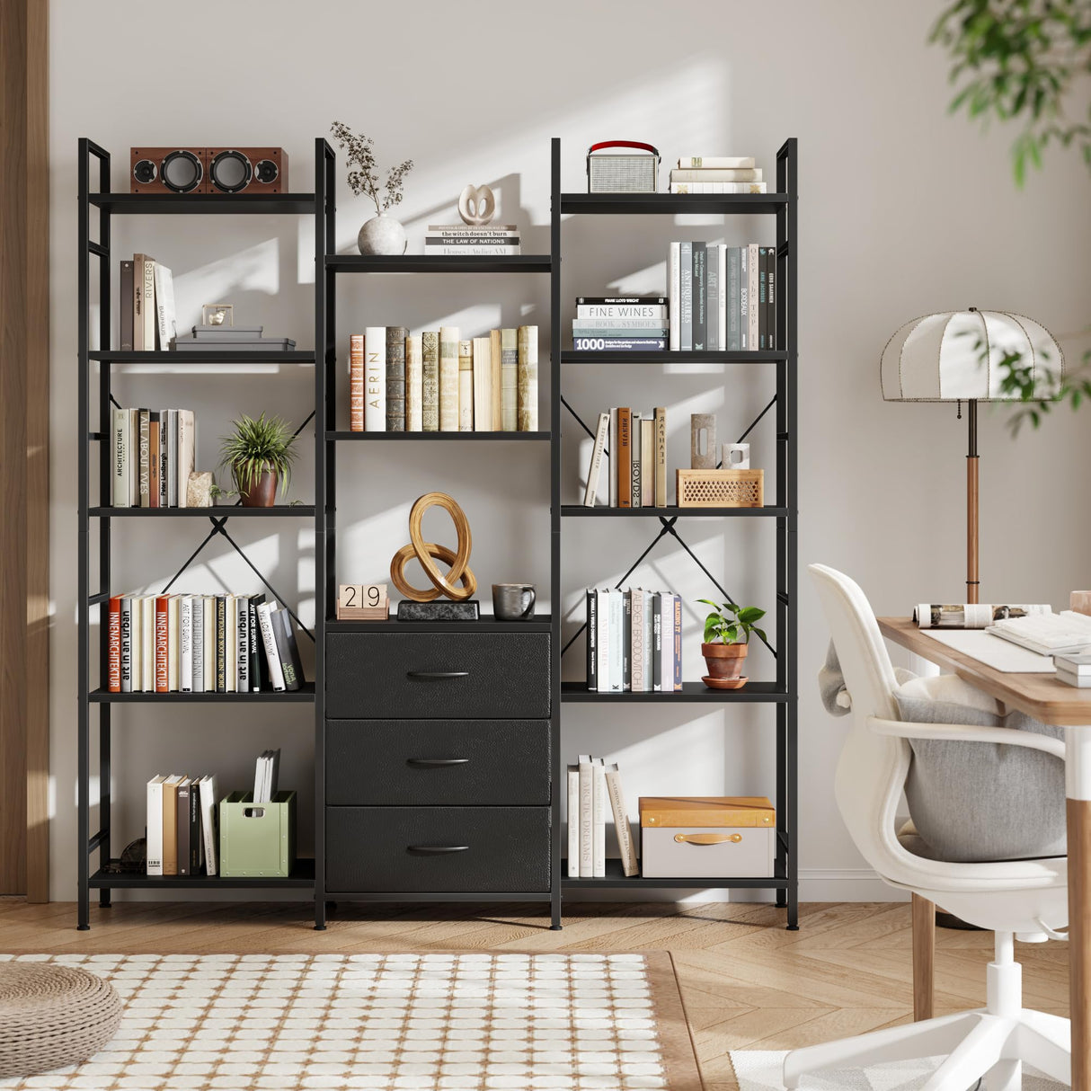 AFLUI Triple Bookshelf with 3 Fabric Drawers, 5-Tier Book Shelf and 10 Display Shelves, Industrial Large Bookcase for Home & Office, Black, 47'' Wide AFLUI