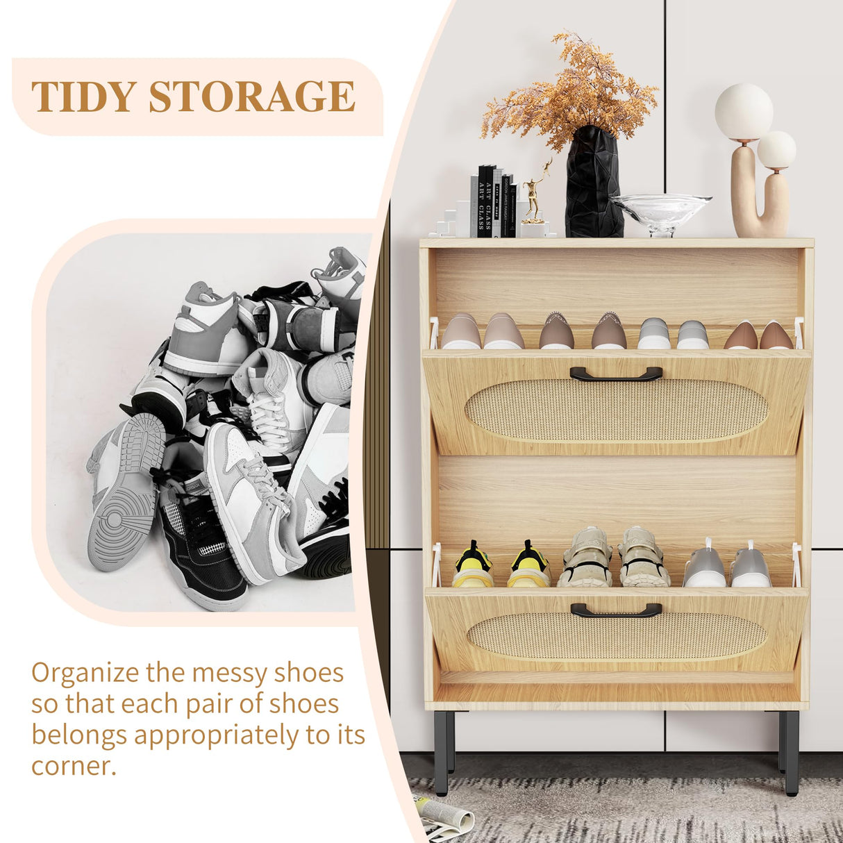 Crownland Shoe Cabinet, Shoe Storage Cabinet with 2 Flip-Out Drawers, Modern Two-Tier Shoe Rack Cabinet for Entryway, Hallway, Living Room(Wood) Crownland