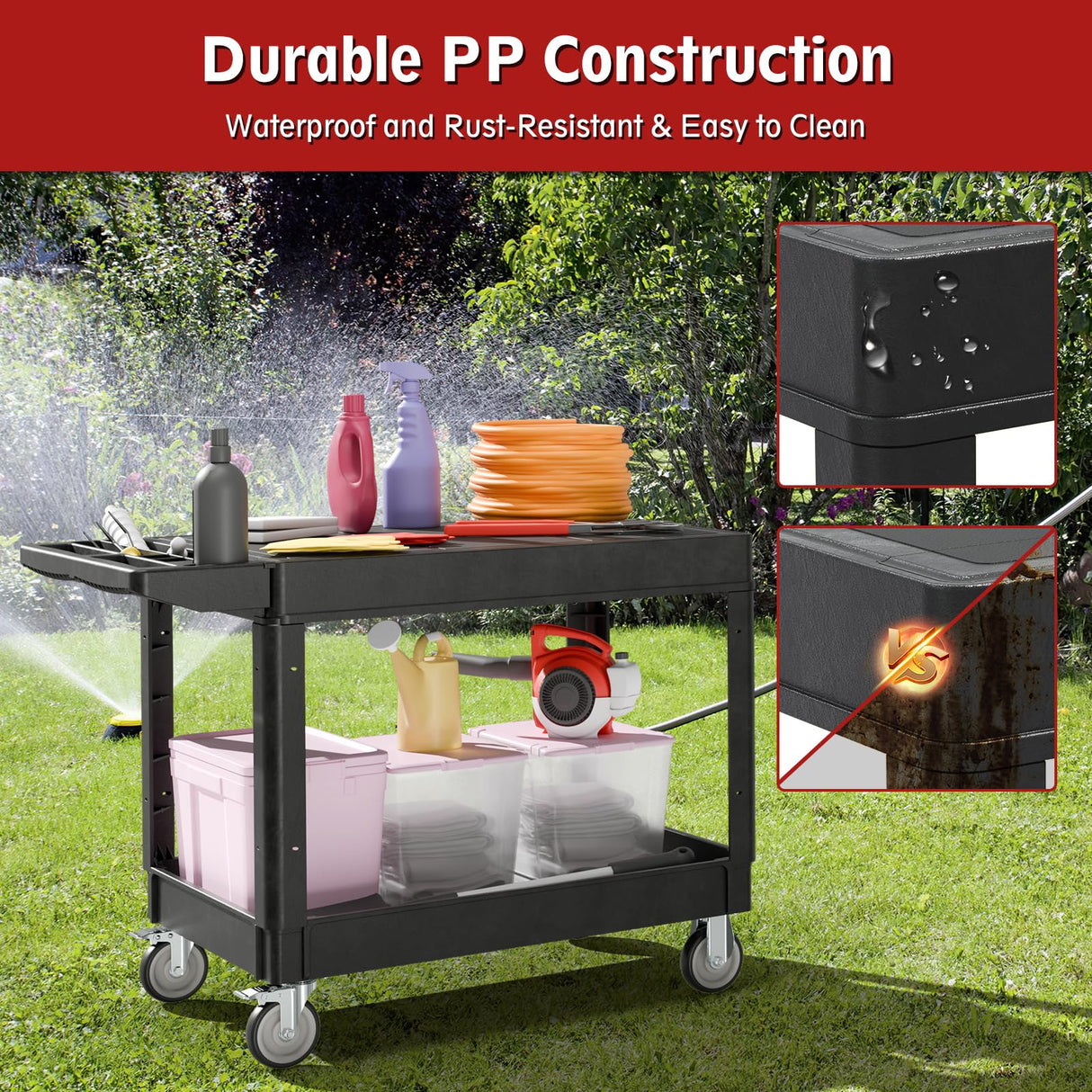 Flat Top Utility Cart, 2 Shelf Tool Cart on Wheels, 550 LBS Heavy Duty Rolling Service Cart with 360° Swivel Wheels and Ergonomics Handle for Warehouse Garage Garden Workshop, Black WXCOPON