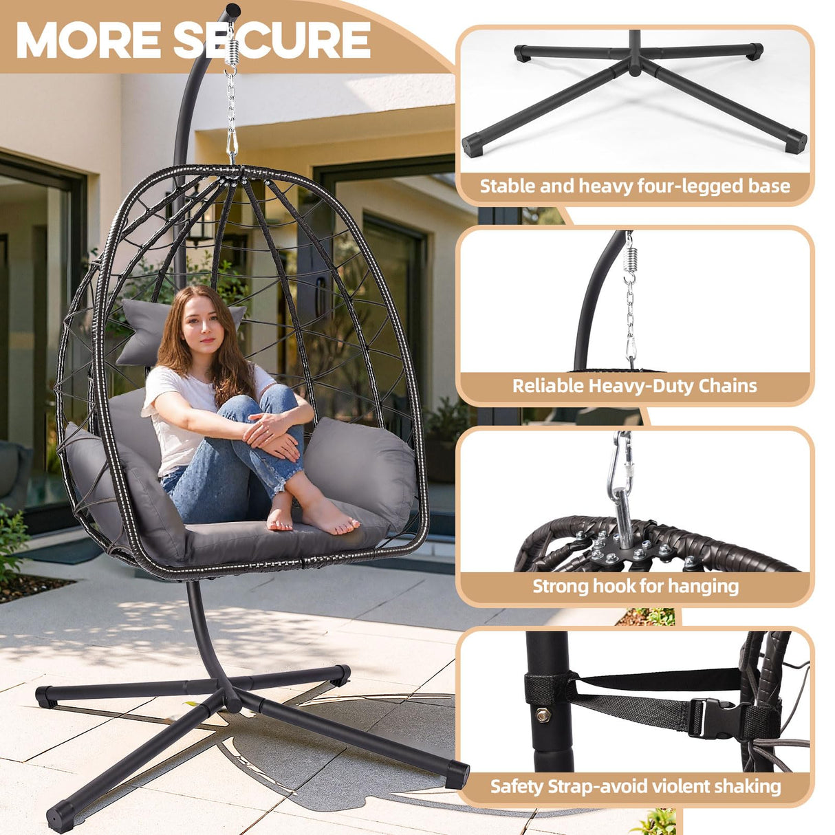 Egg Chair with Stand Outdoor Ratten Wicker Hanging Egg Chair Outdoor Indoor with Thickened Cushion Swing Chair Hammock for Patio Apartment Bedroom Garden Balcony (Dark Grey Wicker+Grey Cushion) ZZW