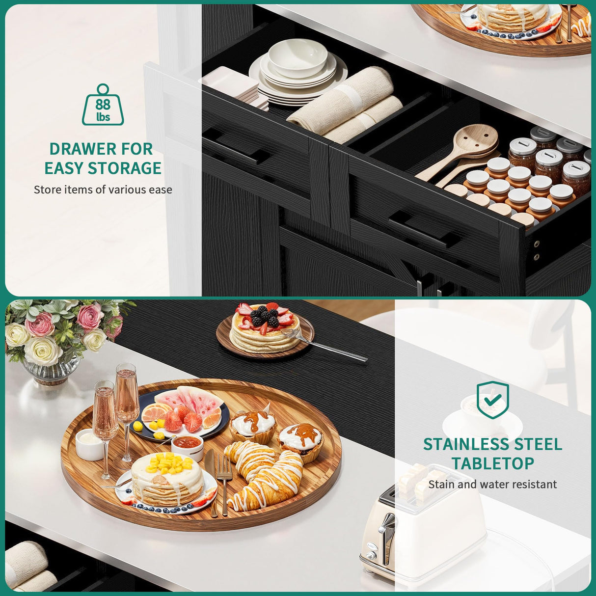 YITAHOME Kitchen Island with Drop Leaf, 47 Inch Mobile Stroage Islands with Stainless Steel Top, Rolling Island Table with Power Outlet, Adjustable Shelves, Spice Rack, Towel Rack for Kitchen, Black YITAHOME