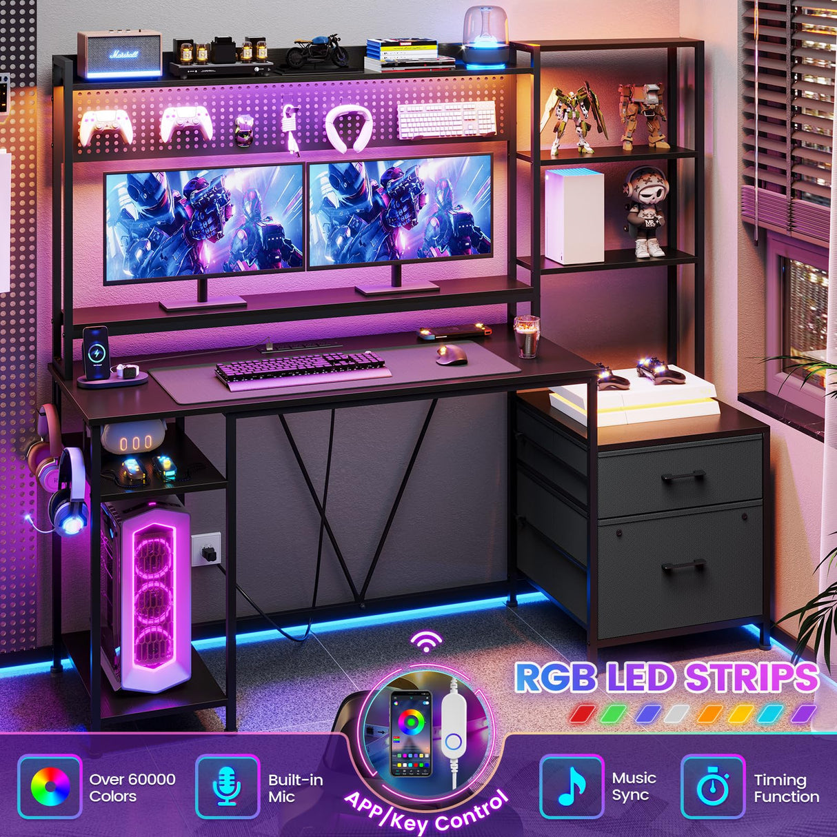 UPOSOJA Gaming Desk with Hutch, 65in Reversible Computer Desk with Power Outlets LED Light, Home Office Desk with Monitor Stand 2 Drawers 4 Storage Shelves Pegboard 8 Hooks Mouse Pad (Black) UPOSOJA