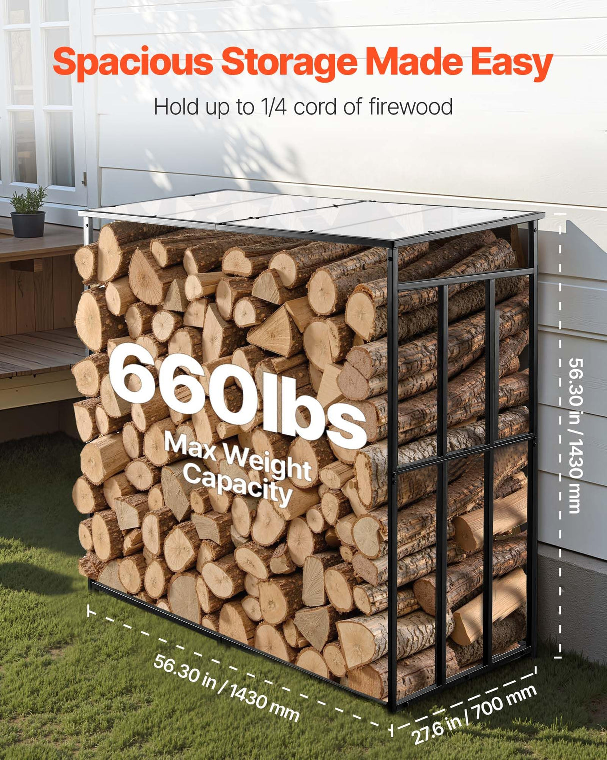 VEVOR Firewood Rack with Sloped Roof, 4 ft Outdoor Firewood Holder, 1/4 Cord Log Storage Shed, 660lb Max Weight Capacity, Powder-Coated Metal Wood Storage Rack for Fireplace Deck Backyard Garden VEVOR