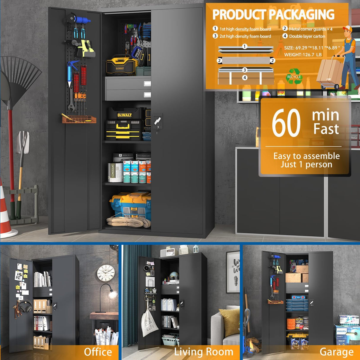 Metal Storage Cabinet with Doors & Adjustable Shelves, 72 Inch Black Lockable Garage Cabinet with Wheels & Drawers & Pegboard for Office, Gym, Basement, Warehouse basenji