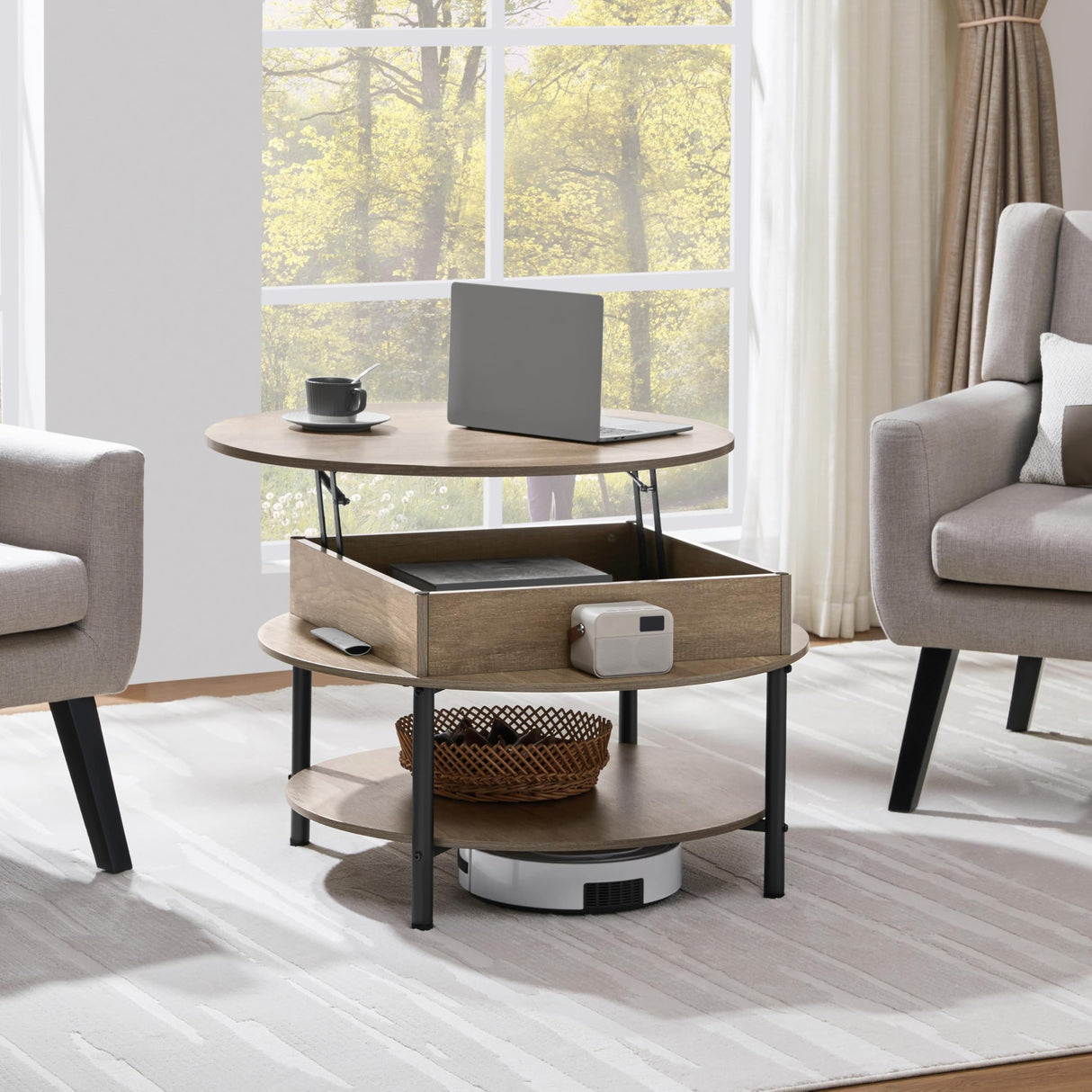 Yaheetech Round Lift Top Coffee Table with Hidden Compartment & Storage Shelf, 31'' Farmhouse Coffee Table Center Tables, 2-Tier Small Round Dining Table for Living Room Reception Room, Gray Yaheetech