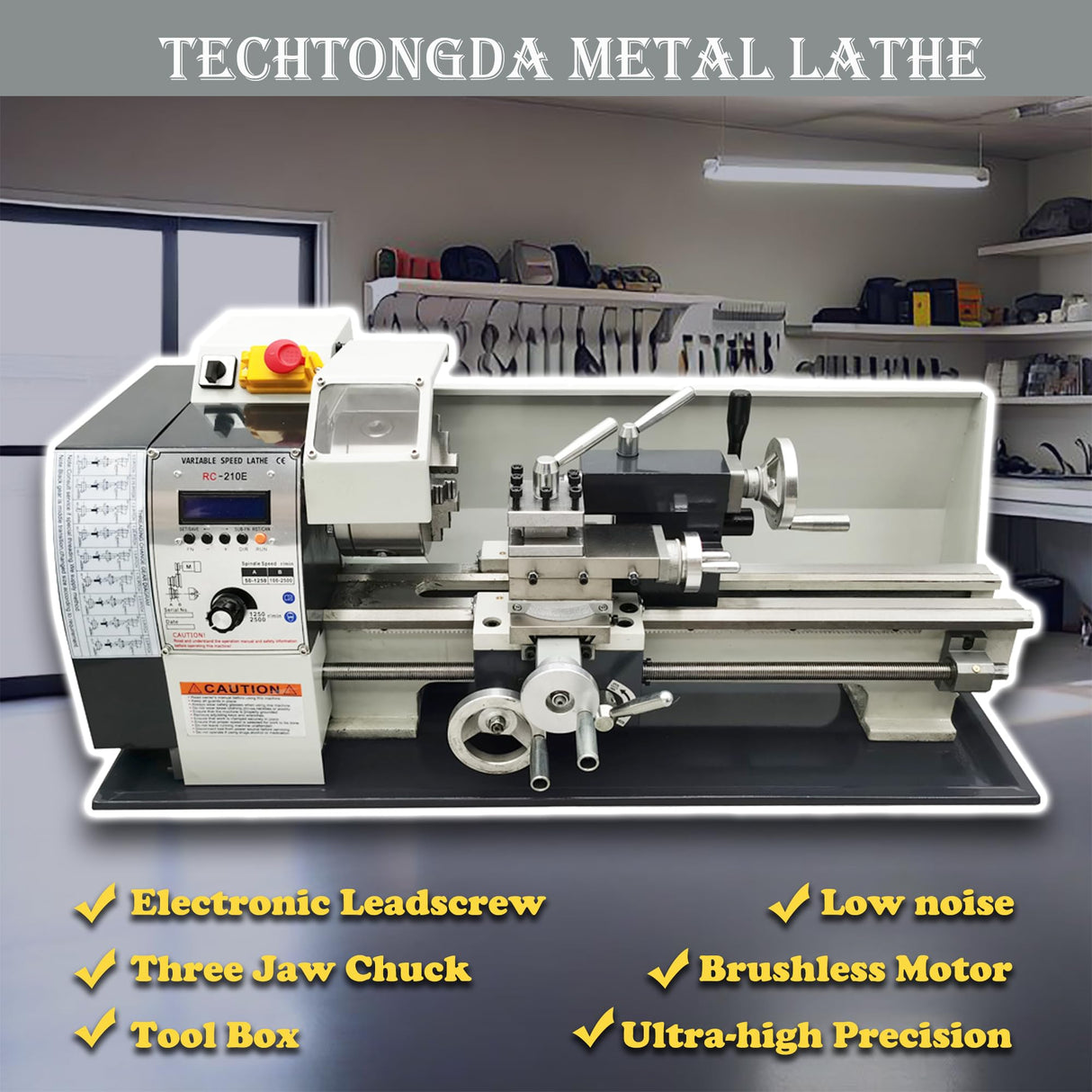 TECHTONGDA Metal Lathe 8X16” Precision Electronic Leadscrew Gearless Bench Lathe Automatic Switch Thread between Metric and Inch 1100W Brushless Motor DIY Mini Lathe TECHTONGDA