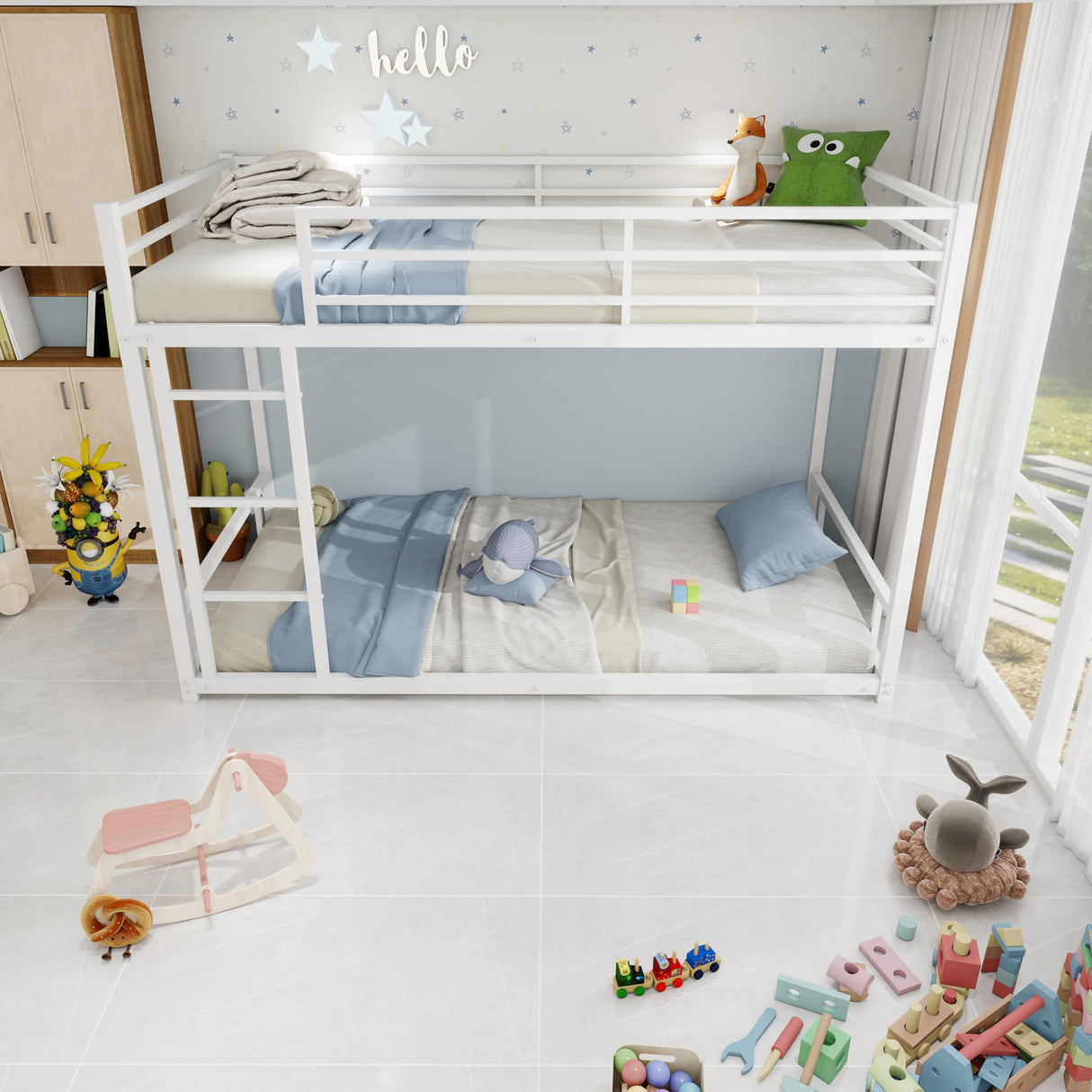 QSOSTNS Twin Over Twin Bunk Bed, Metal Low Profile Bunkbed with Side Ladder, Heavy-Duty Sturdy Metal, Noise Reduced, Safety Guardrail, No Box Spring Needed (White) QSOSTNS