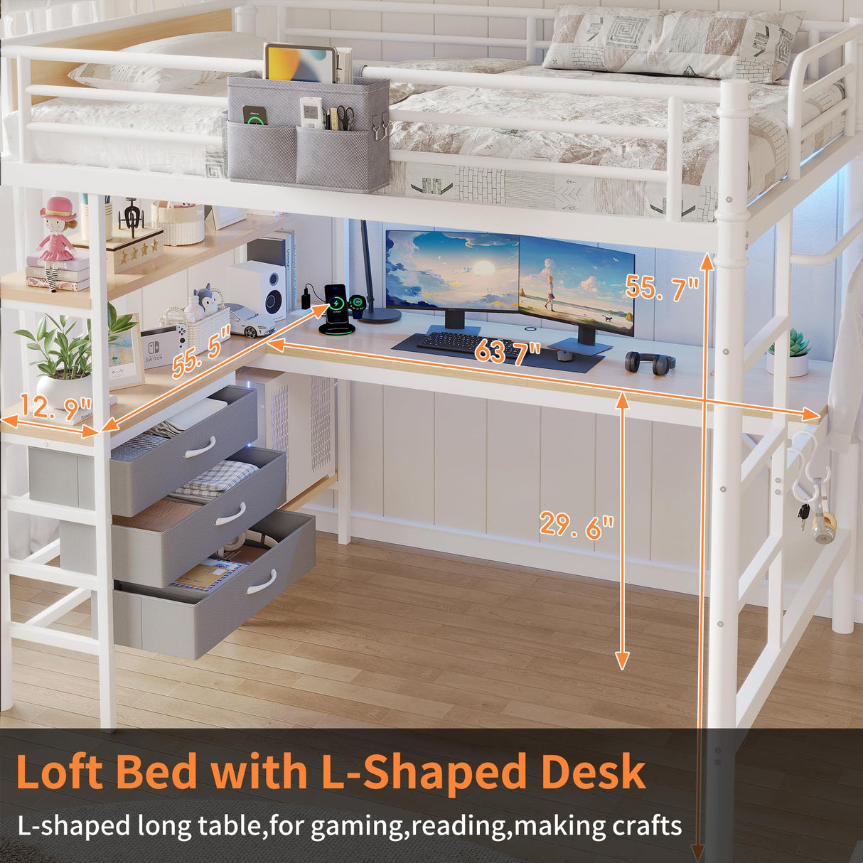Jocoevol Full Size Loft Bed with L-Shaped Desk, LED Lights,Charging Station, Industrial Heavy Duty Metal Loft Bed Frame with 3 Storage Shelves and 3 Fabric Drawers, Safety Guard & Ladder, White Jocoevol