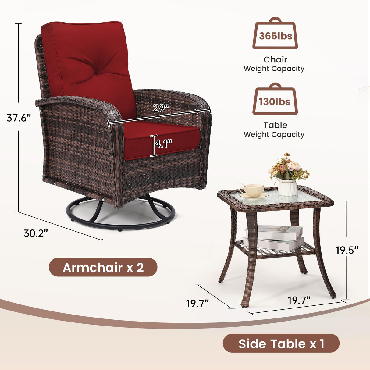 wildformers 2 Luxury Outdoor Swivel Wicker Glider Patio Chairs with Table Set, Overstuffed Washable Cushions, Ideal for Porch, Balcony, Deck, Brown Rattan and Red Cushions wildformers
