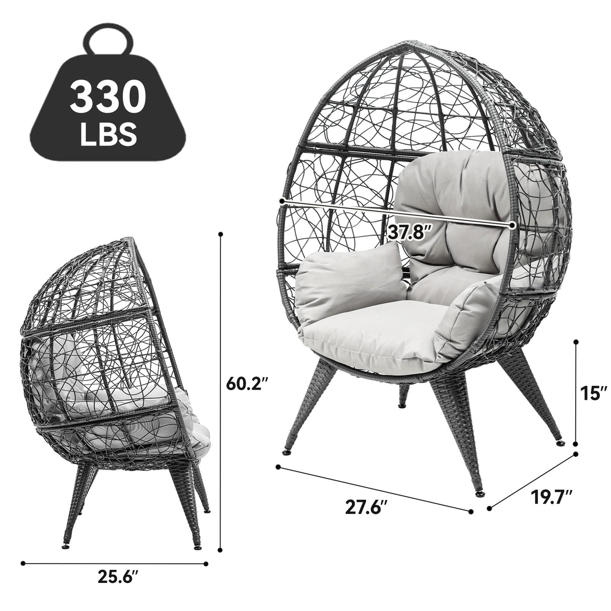 YITAHOME Oversized Wicker Egg Chair for Indoor and Outdoor Use with Stand, Cushion, and Leveling Feet, Large Lounger for Patio, Garden, Backyard, Balcony, Supports up to 330lbs, Grey YITAHOME