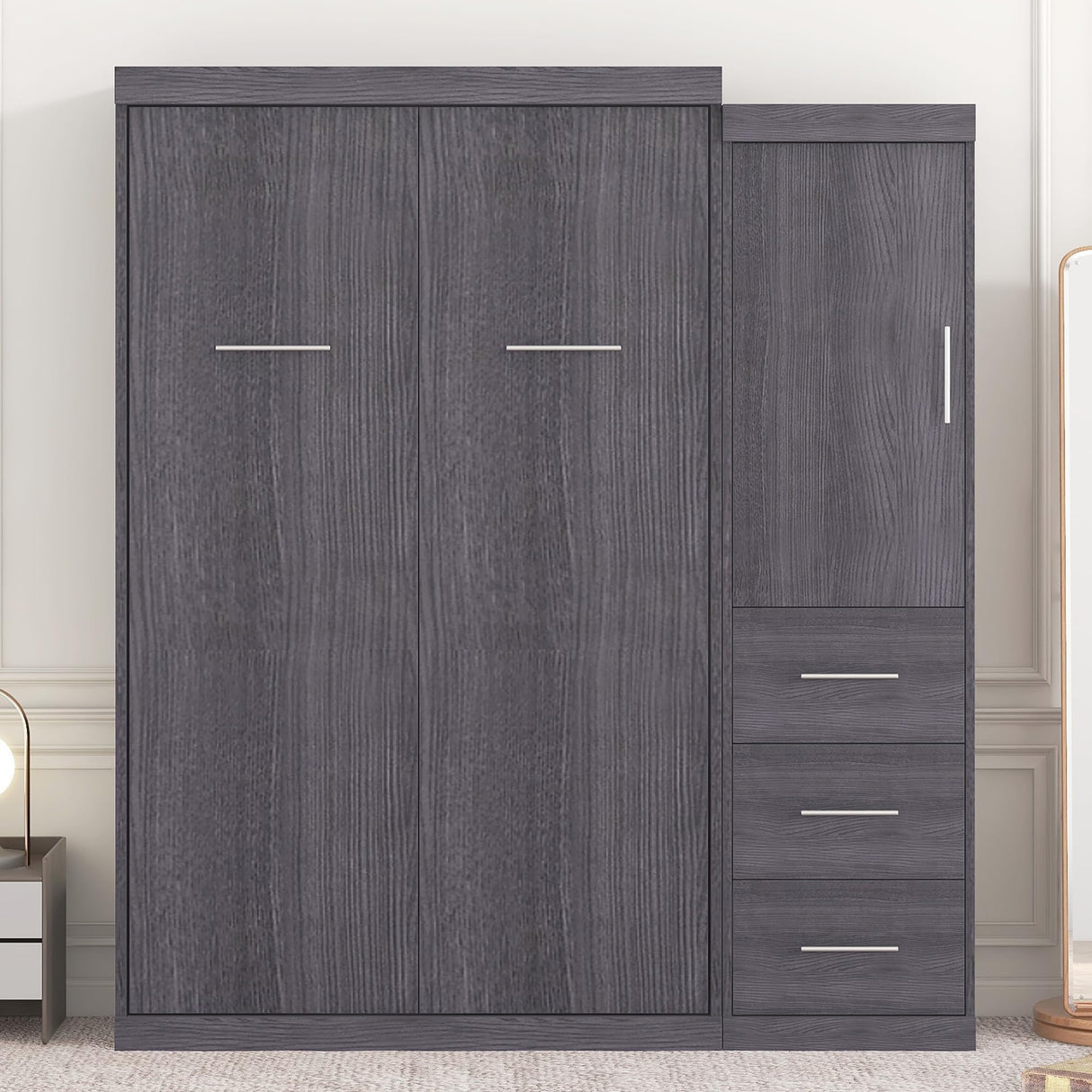 SOFTSEA Twin Size Murphy Bed, Farmhouse Wood Hidden Foldable Wall Bed Frame with Wardrobe and Storage Drawers, Can be Folded into a Cabinet, No Box Spring Needed, Grey SOFTSEA