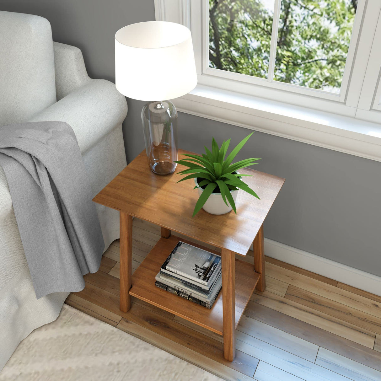 Plank+Beam Wooden Side Table with Storage, Mid Century Modern End Tables for Living Room, Small Solid Wood Nightstand, Bedside Tables, Bedroom Furniture, Pecan Plank+Beam