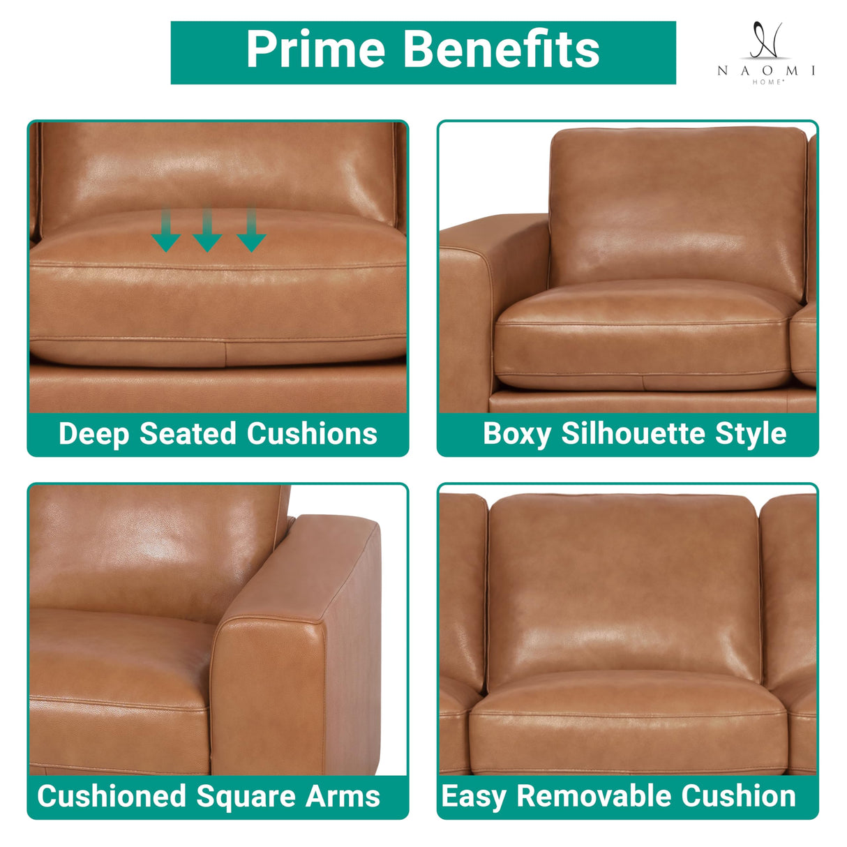 Naomi Home Freya Genuine Leather Sofa - Luxurious Comfort, Goose Feather Cushion Filling, Square Arm Design, Sturdy Block Legs, Elegant Tan - Ideal for Living Room, Office, or Bedroom Naomi Home