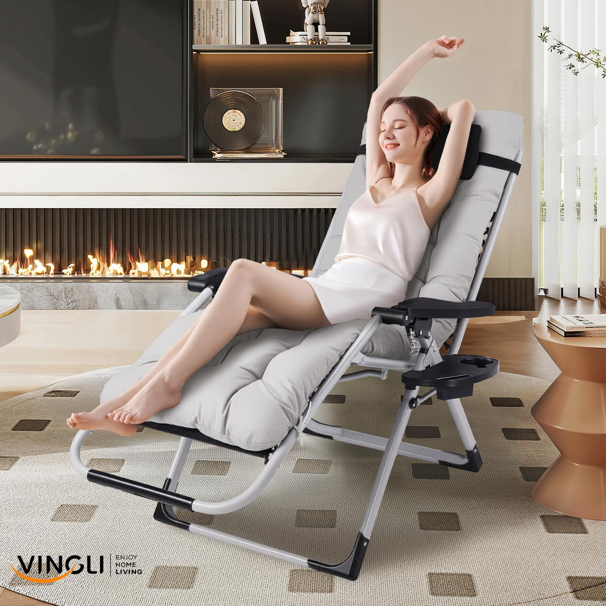 VINGLI Padded Zero Gravity Chair, Lounge Chair with Removable Cushion & Tray, Folding Reclining Patio Chairs, Recliner Chair for Lawn,Indoor and Outdoor VINGLI