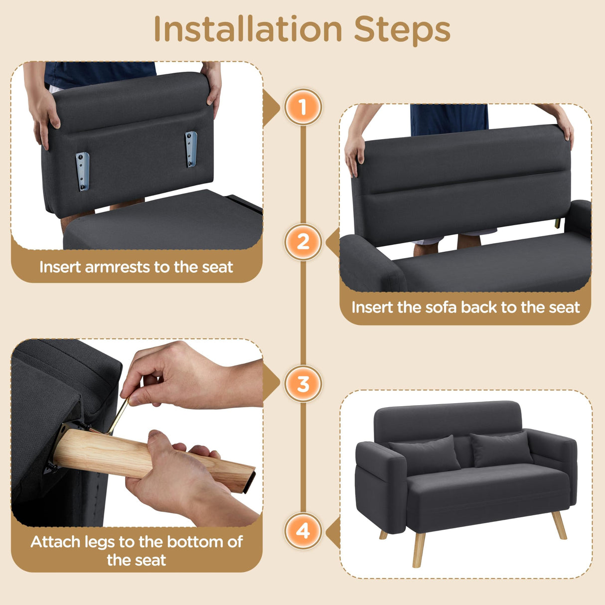 Yaheetech 46" Small Modern Fabric Sofa Loveseat Mid Century 2 Seater Sofa Couch with Lumbar Pillows, Solid Wood Legs for Small Space, Dorm, Office, Bedroom, Dark Gray Yaheetech