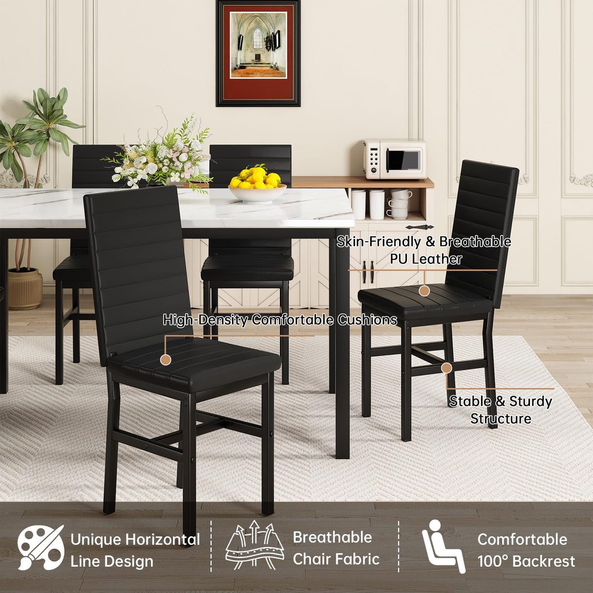 Recaceik Dinner Table Set for 6,Faux Marble Dining Room Table Set,7 Piece Dining Table Set for 6 with PU Leather for Kitchen and Dining (White & Black) Recaceik