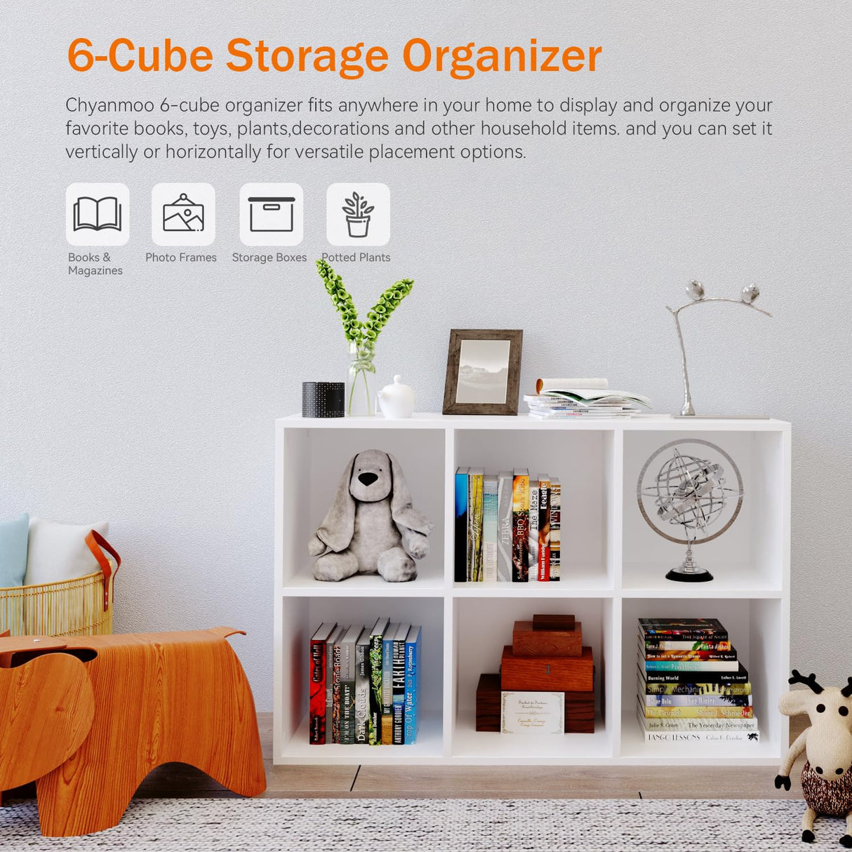 Chyanmoo White Bookshelf 6-Cube Storage Organizer | Open Cubby Shelving Unit with Extra Thick Edges - Space-Saving Wooden Shelf for Home Office & Display Storage Chyanmoo