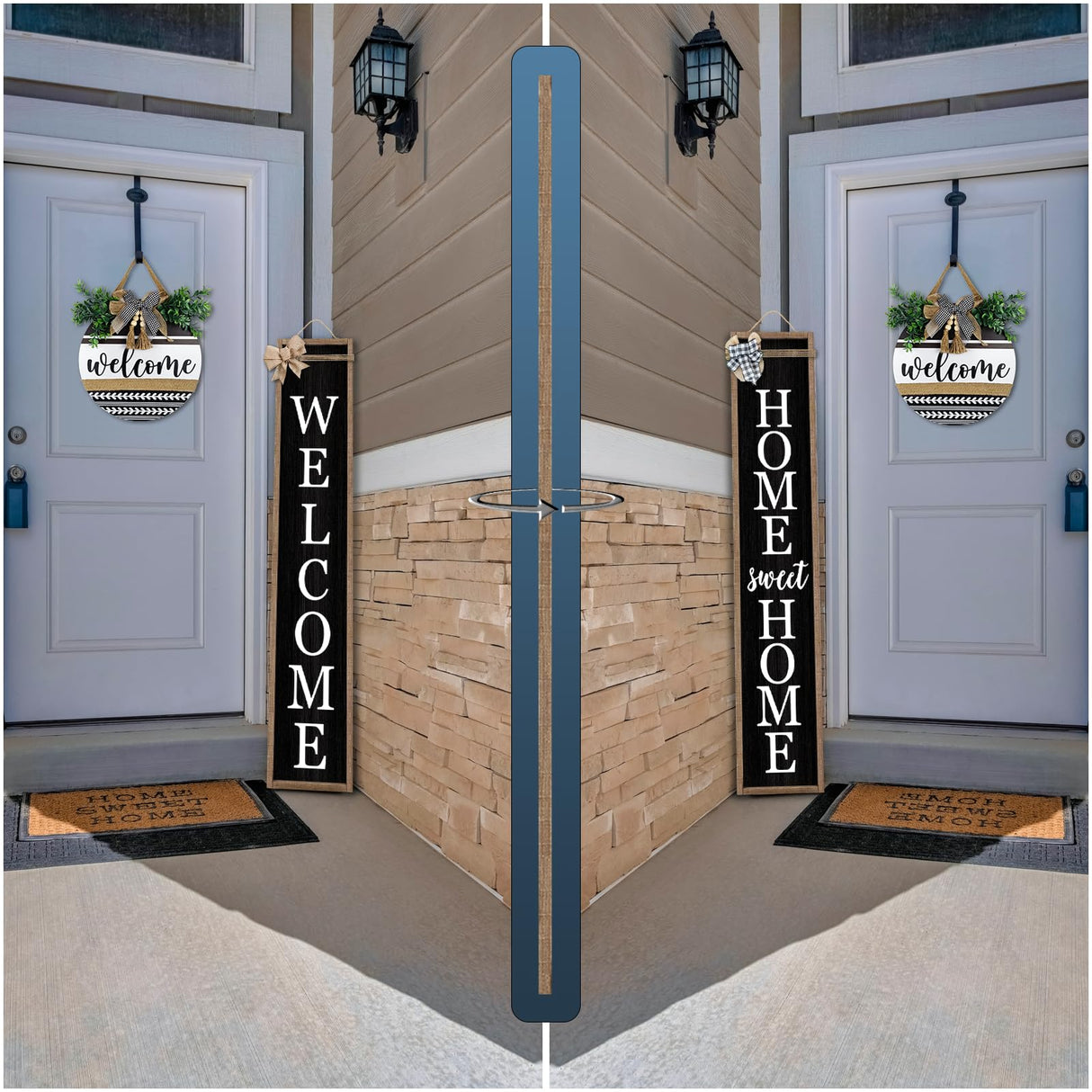 Outdoor Welcome Sign for Front Porch Standing Large 2 Sided 45"X9" Wooden Frame Tall Vertical Leaner Long Home Sweet Home Front Door Sign for Rustic Outside Farmhouse Modern Decor (Wood Black) Surfapans