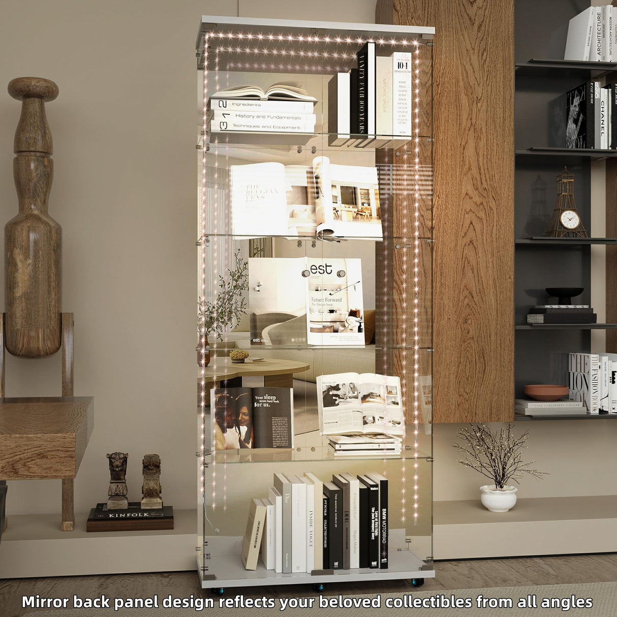 Maotifeys Modern Glass Display Cabinet 5-Shelf with LED Light,Mirror,Lock and Wheels,2 Door Curio Cabinets,Tempered Glass Collection Display Showcase for Living Room Home Office,30.9x13.5x74.8"H,White Maotifeys