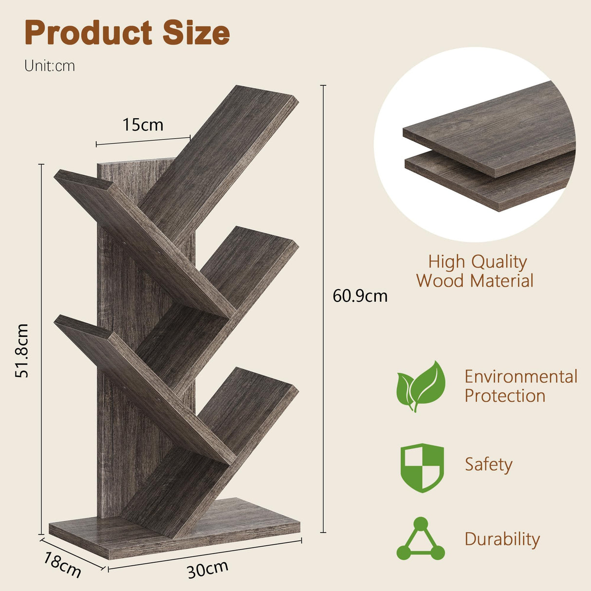 Hoctieon 4 Tier Tree Bookshelf, 4 Shelf Bookcase, Free Standing Tree Bookcase, Display Floor Standing Shelf for Books, Book Organizer Shelves for Home Office, Living Room, Bedroom, Grey Hoctieon