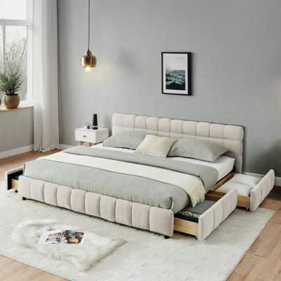 California King Cloud Bed Frame with Storage Drawers, Soft Padded Headboard Tufed Upholstered Low to Ground Floor Bed Marshmallow Bubble with Wood Slats No Box Spring Need, Noise-free(Beige Chenille)
