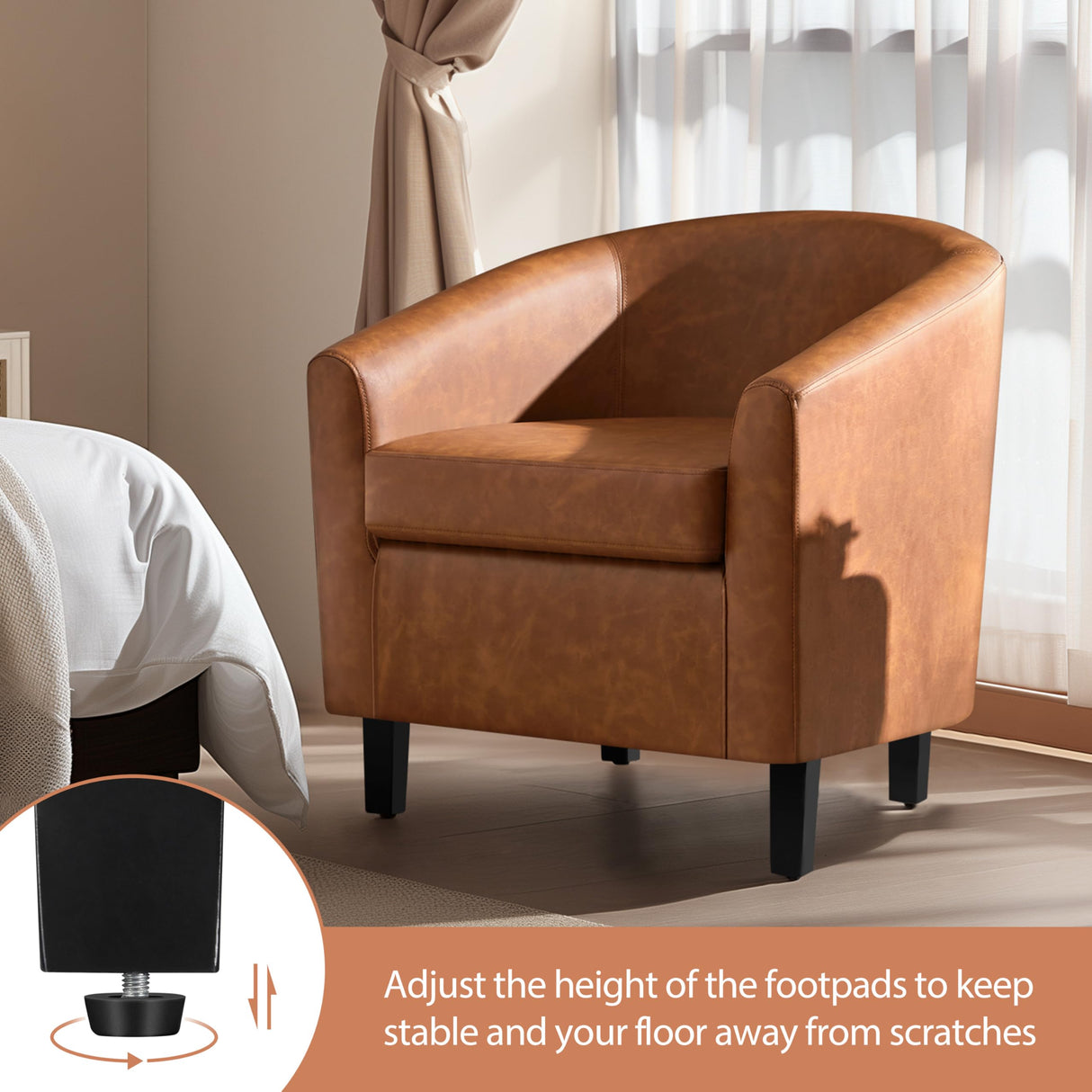 Yaheetech Brown Accent Chairs Set of 2, Faux Leather Barrel Chairs, Comfy Modern Leather Club Armchairs with Soft Seat for Living Room Bedroom Reading Waiting Room, Brown Yaheetech