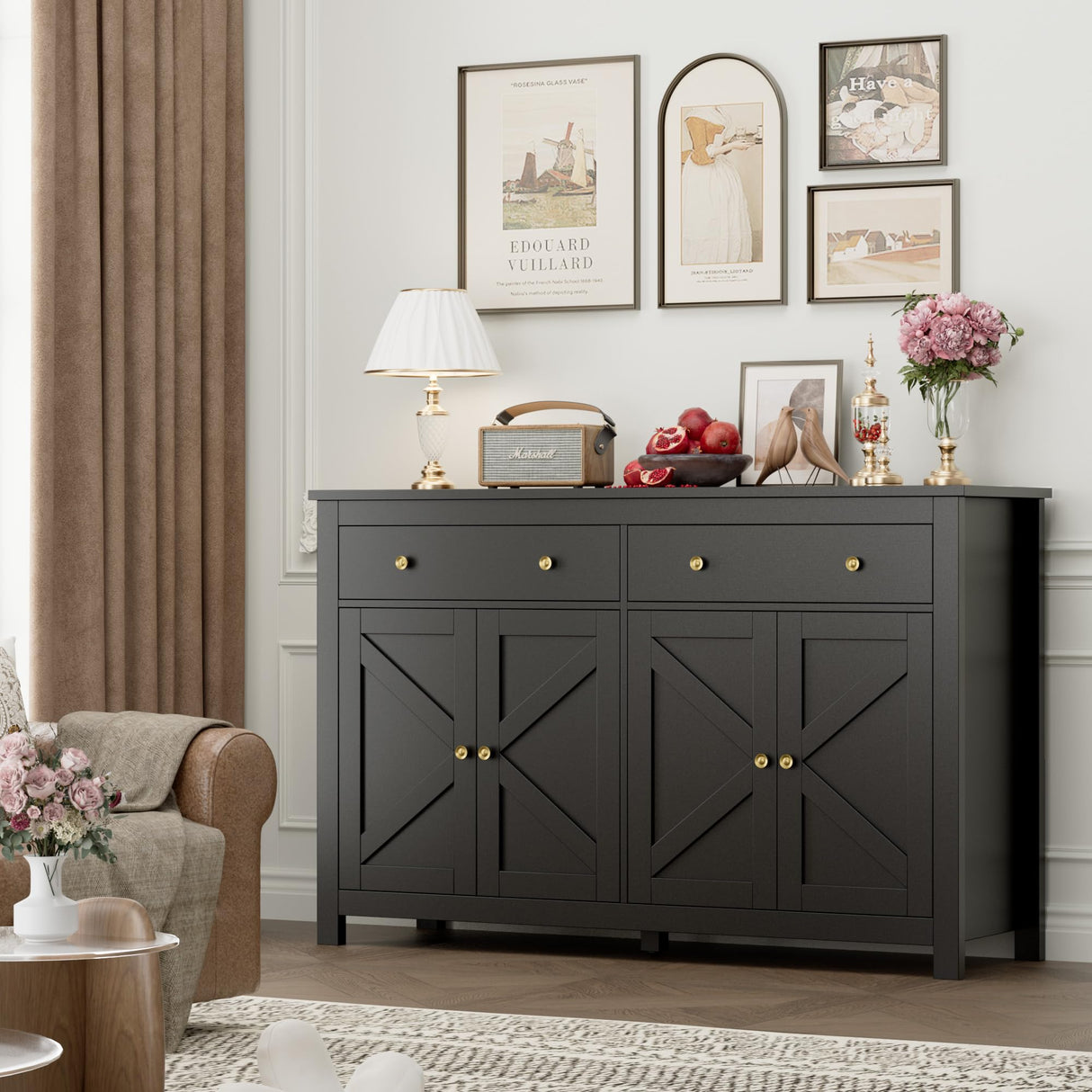 FOTOSOK Black Sideboard Buffet Cabinet with Storage, 55.1" Large Buffet Cabinet Kitchen Cabinet with 2 Drawers and 4 Doors, Farmhouse Coffee Bar Cabinet Buffet Table Sideboard Cabinet for Kitchen FOTOSOK