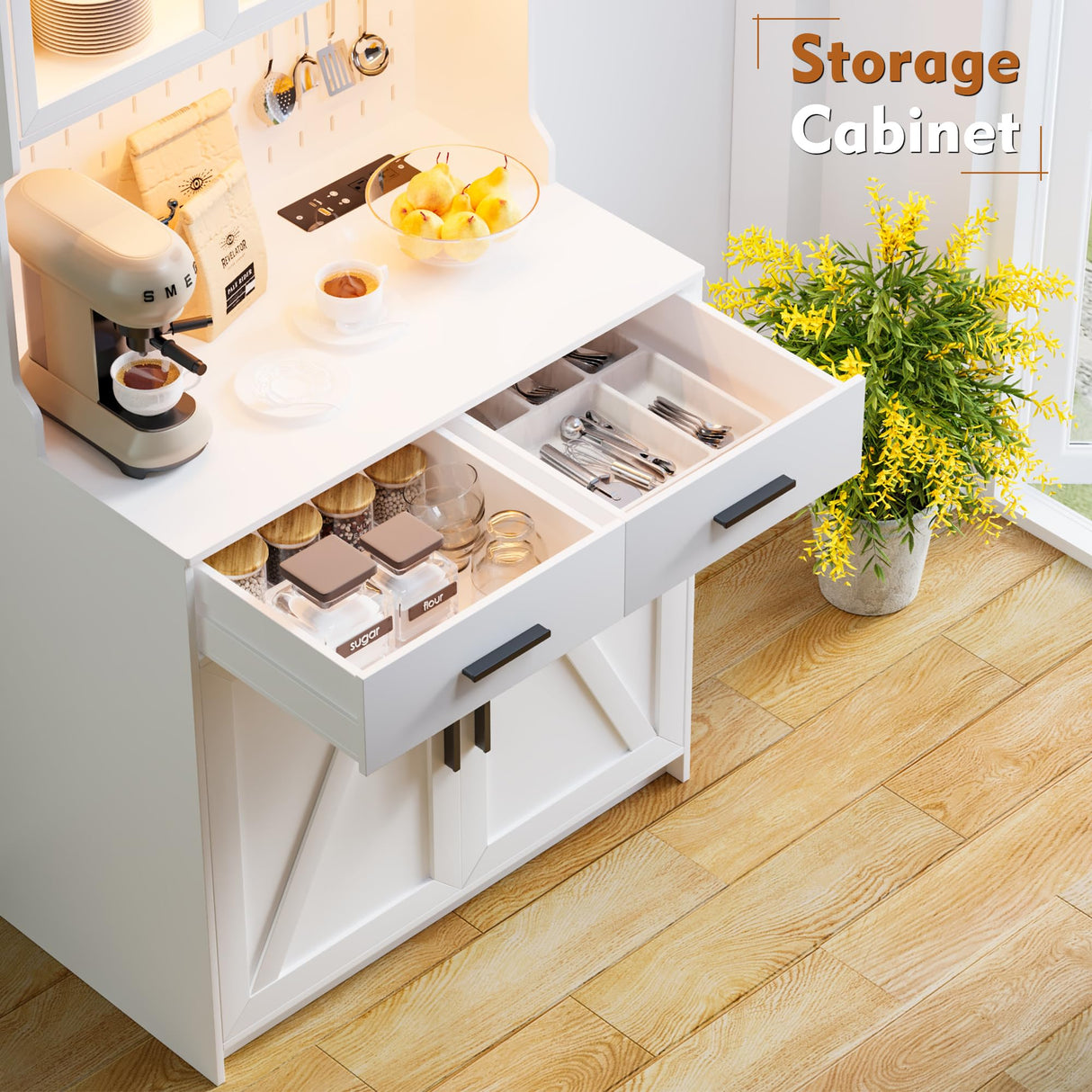 JDPAG LED Kitchen Pantry Cabinet with Outlets, Farmhouse Storage Cabinet with Drawers & Adjustable Shelves, Cupboard with Pegboard and Hooks for Dining Room (White), Large JDPAG