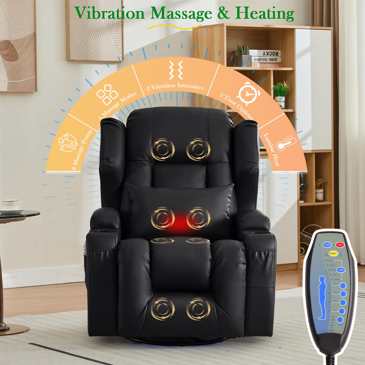 URRED Rocker Recliner Chair for Adults with Vibrating Massage and Heat, 270° Swivel Glider Rocking Chair Nursery Power Reclining Sofa with Ambient Lighting, Cup Holders, Faux Leather, Black URRED