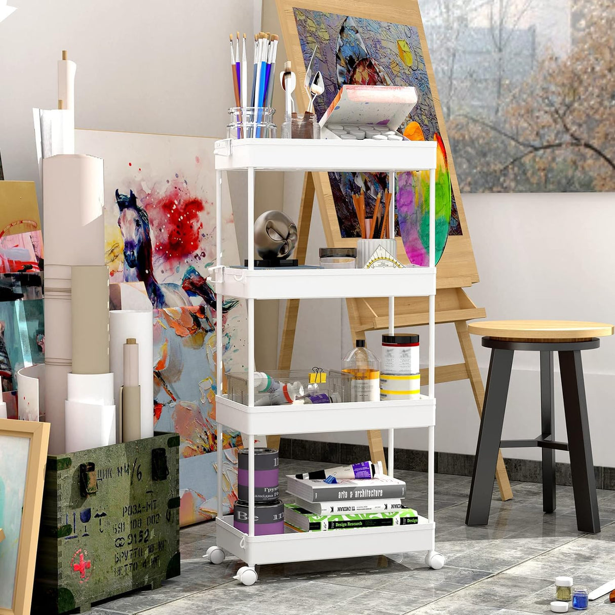 SPACEKEEPER Storage Cart, 4-Tier Mobile Shelving Unit, Bathroom Rolling Cart Utility Storage Organizer Shelf for Kitchen Living Room Bathroom Laundry Room & Dressers, White SPACEKEEPER