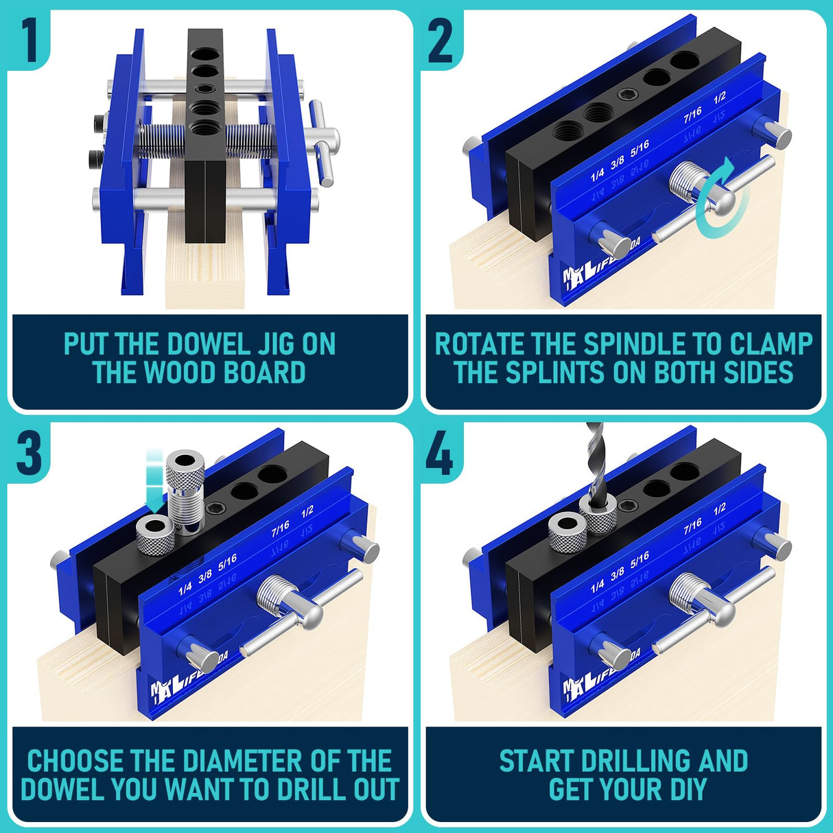 LIFEMODA Self Centering Doweling Jig Kit, Drill Jig For Straight Holes Biscuit Joiner Set With 6 Drill Guide Bushings, Adjustable Width Drilling Guide Tool Accessory Jigs (Blue) Lifemoda