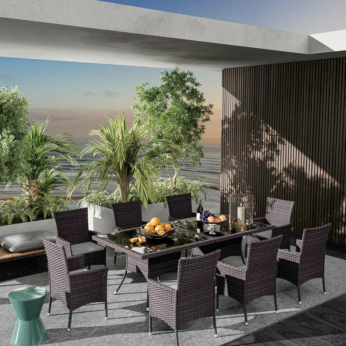 ASJMR 10 Pieces Dining Sets for 8 with Rattan Dining Set Chairs x8 and Square Table Glass Topx2 with Umbrella Cutout, Outdoor and Indoor Set-Grey ASJMR