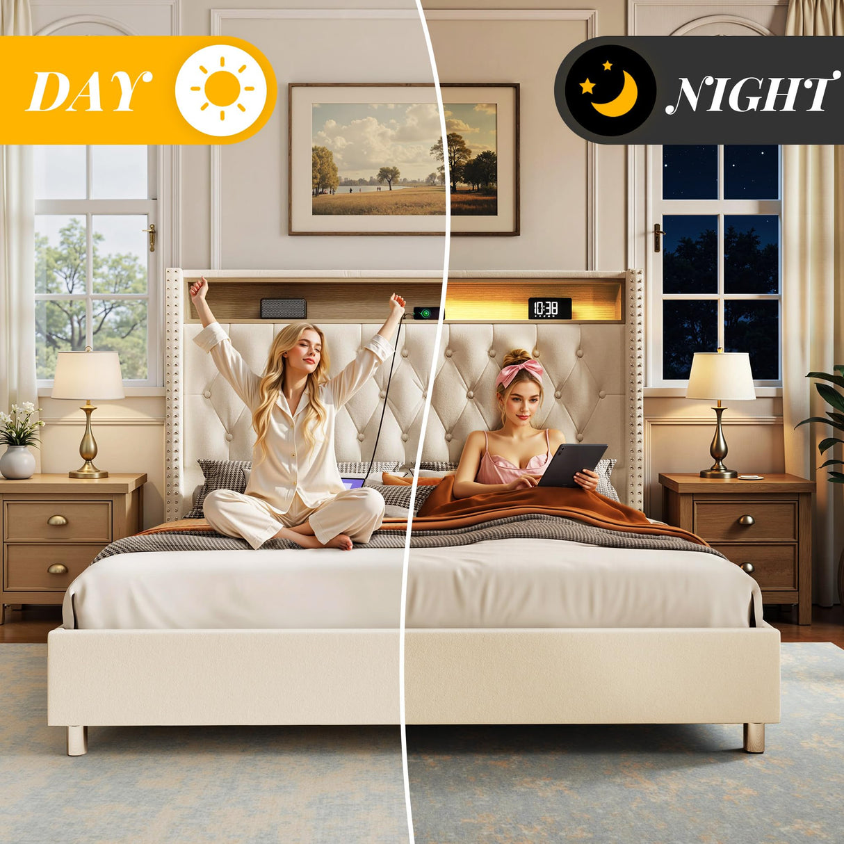 Jocisland King Size Bed Frame 53.6'' Tall Storage Headboard with LED Lights & Charging Station, Velvet Upholstered Button Tufted Wingback Platform Beds, No Box Spring Needed, USB Ports, Cream Jocisland