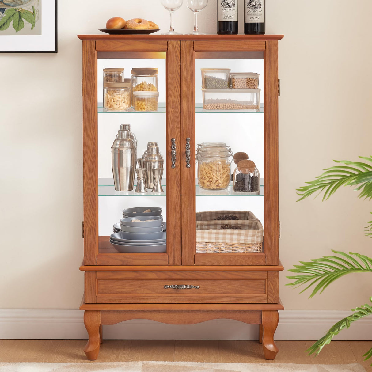 KEIKI Lighted Glass Display Curio Cabinet, 49" Tall Display Case with Adjustable Glass Shelves and Mirrored Back Panel for Living Room, Kitchen, Light Blub Included, Oak KEIKI