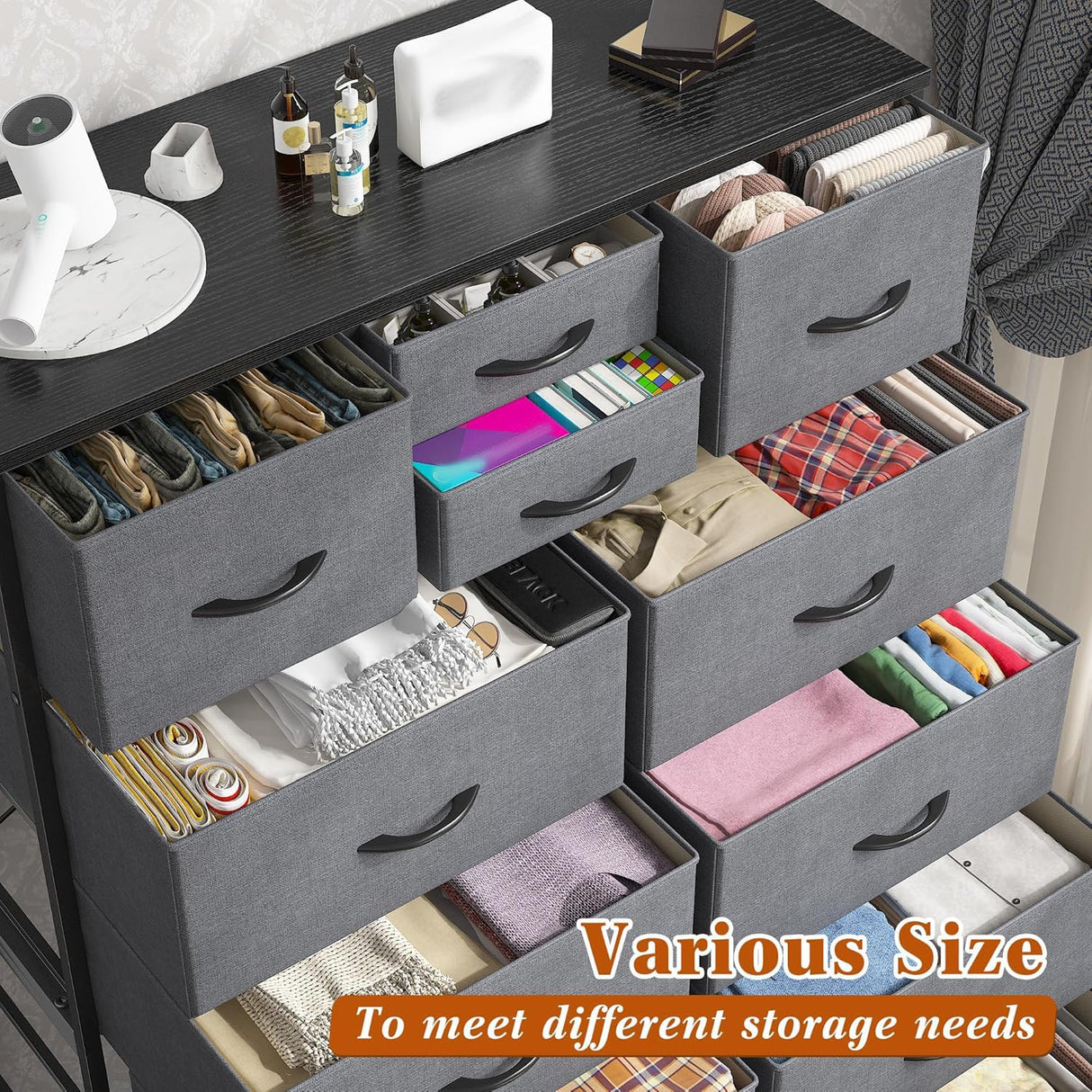 14 Drawer Dresser, Tall Fabric Dressers & Chest of Drawers, Large Bedroom Dresser for Bedroom, Closets, Living Room, Entryway, Wooden Top, Metal Frame, 52.2" H x 37.4" W x 11.8" D, Grey EnHomee
