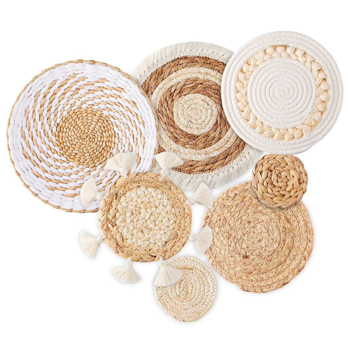 7 Pack Boho Wall Basket Decor - Seagrass Rattan Wicker Wall Decor Round Handmade Hanging Rustic Flat Elegant Wall Art for Farmhouse Living Rooms Bedrooms Display Table Settings Kitchen Home Dimpola
