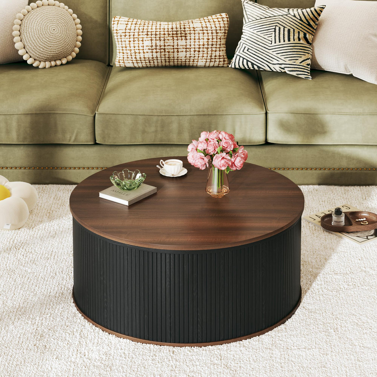HUAHUU Round Coffee Table with Storage, 31.5" Lift Top Coffee Table, Mid Century Modern Coffee Tables for Living Room, Apartment Office, Fluted Table with Rustic Wood Desktop HUAHUU