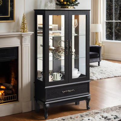 CKEASEAN Lighted Curio Cabinet, 52" H Glass Display Cabinet with Adjustable Shelves, China Cabinet with Tempered Glass Doors for Living Room, Light Blub Included (Black)