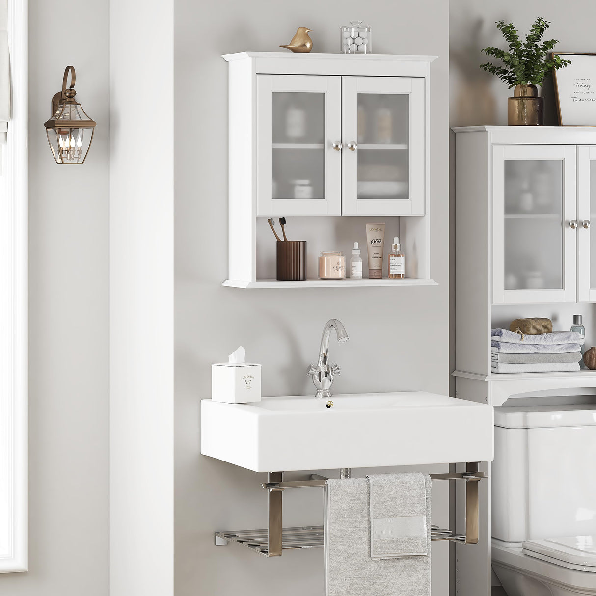 Spirich Bathroom Cabinet Wall Mounted, Medicine Cabinet Organizer with Glass Doors and Adjustable Shelves, Bathroom Wall Cabinet Over Toilet, White Spirich