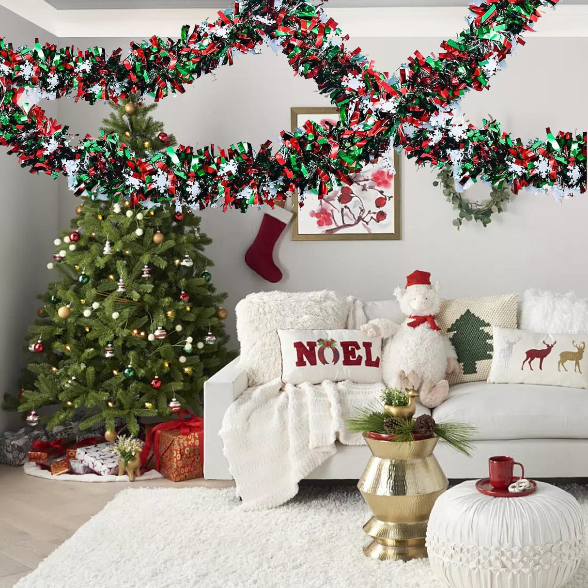 50 Feet Green Red Christmas Metallic Tinsel Twist Hanging Garland with Snowflake for Home Mantle Xmas Tree Staircase Railing New Year Holiday Party Indoor Outdoor Decorations CUADRNX