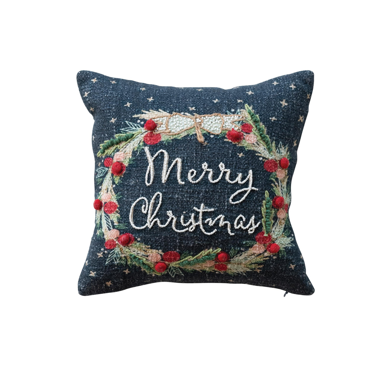 Creative Co-Op, Multicolor Square Cotton Printed Pillow with Wreath, Embroidery, Beads Poms Merry Christmas Creative Co-Op