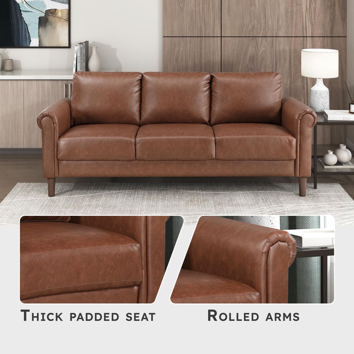 Lexicon 79" W Sofa Couch, Faux Leather Upholstered Couch, Sofa with Rolled Armrest for Bedroom/Office/Waiting Room, 3 Seater, Chocolate Lexicon