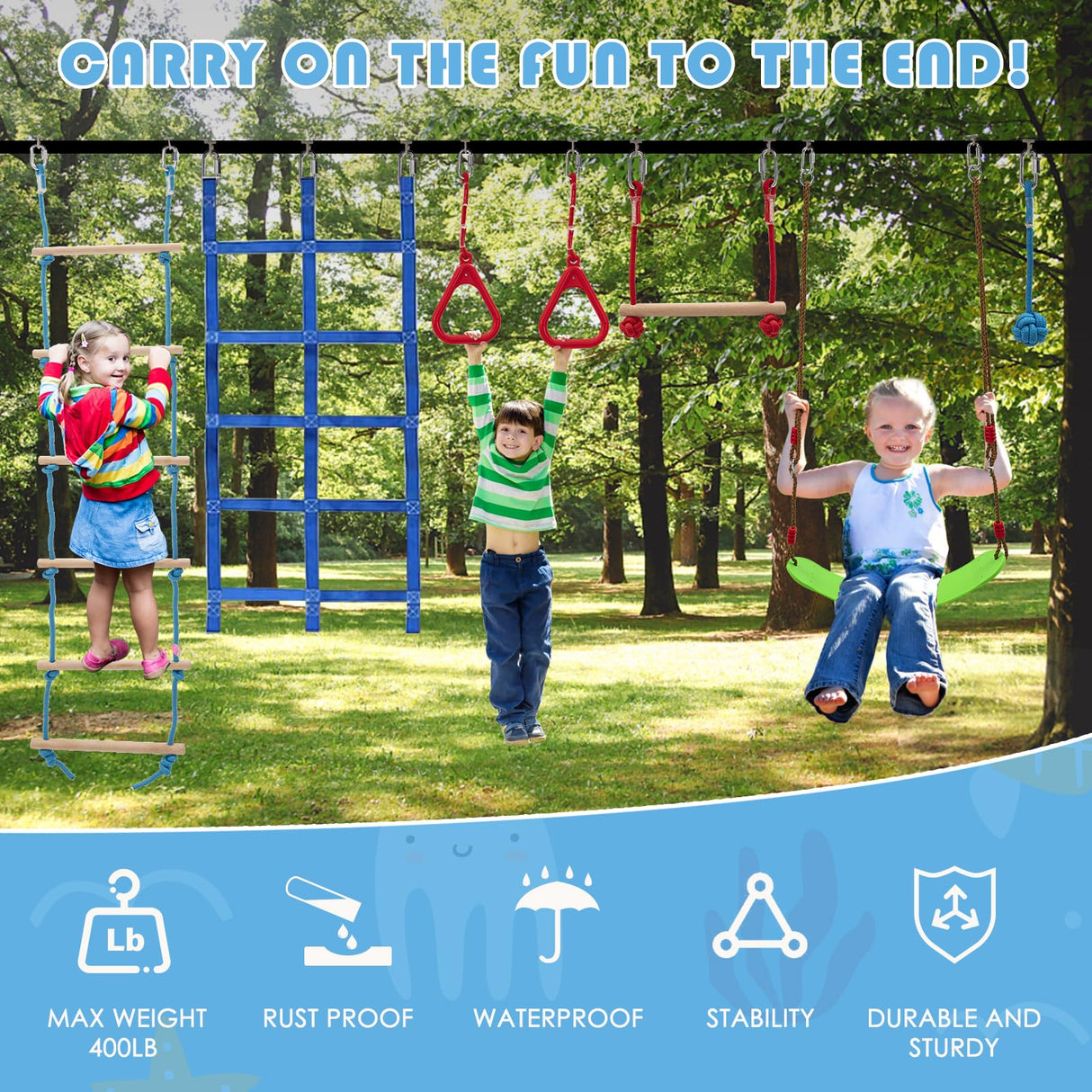 Bronkige Ninja Warrior Obstacle Course for Kids - 10 Outdoor Warrior Obstacles with 65FT Slackline Kit, Monkey Bars, Climbing Net, Swing, Trapeze, Rope Ladder Bronkige