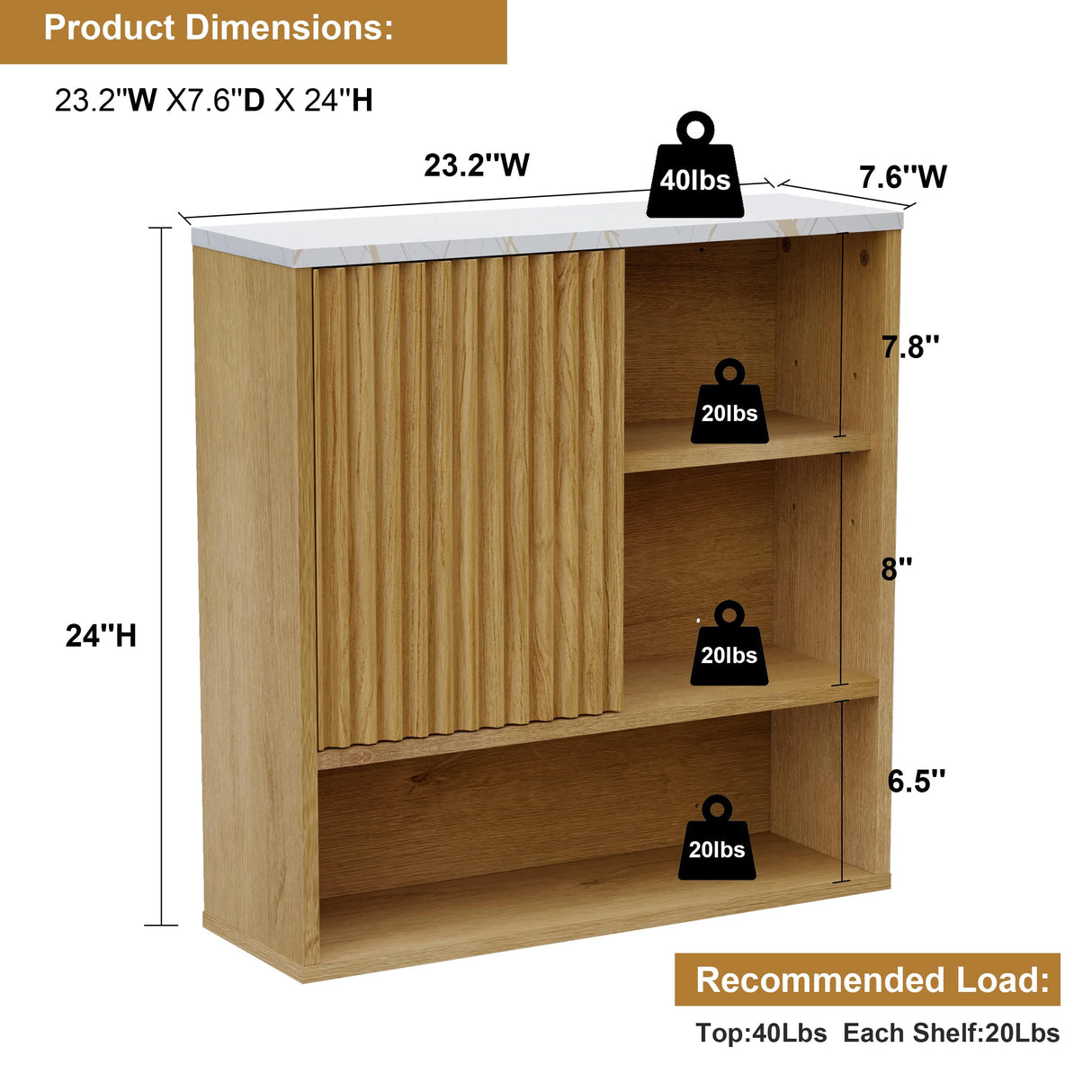 FerniTry Bathroom Cabinet Wall Mounted Fluted, Modern Medicine Cabinet Over The Toilet Storage Cabinet Faux Marble Top with Adjustable Shelf, Wood Wall Mounted Storage Cabinet Organizer(Natural Oak) FerniTry