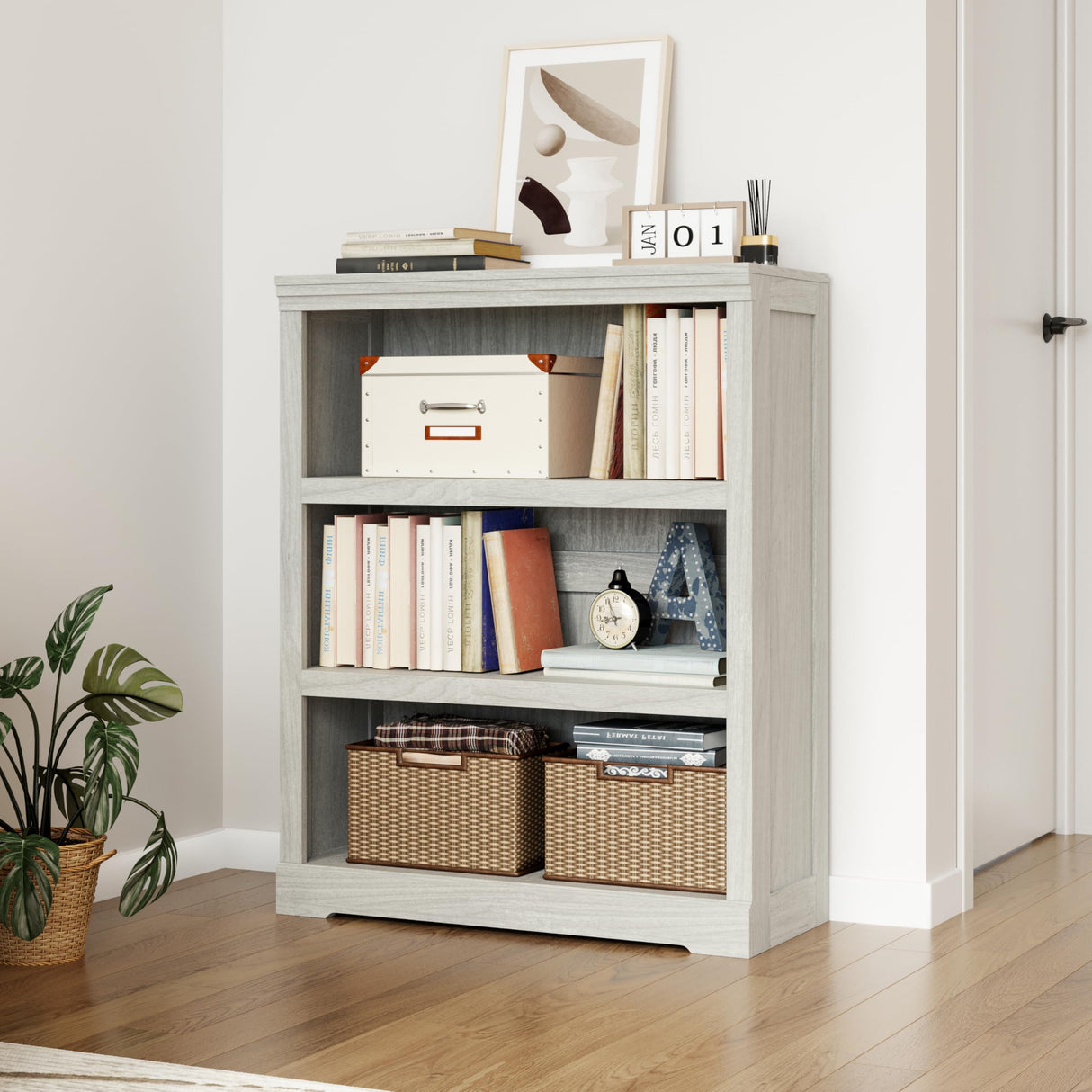 LINSY HOME 3-Tier Bookcase and Bookshelf, Small Wood Display Storage Shelves Farmhouse Bookshelf for Home Office, Living Room, Bed Room - White Oak LINSY HOME