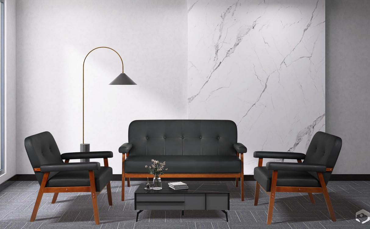 STHOUYN 50”W Black Faux Leather Small Office Couch Loveseat Sofa with Wood Arms, Mid Century Modern Love Seat Sofas Lounge Armchair Living Room Bedroom (Black (loveseat)) STHOUYN