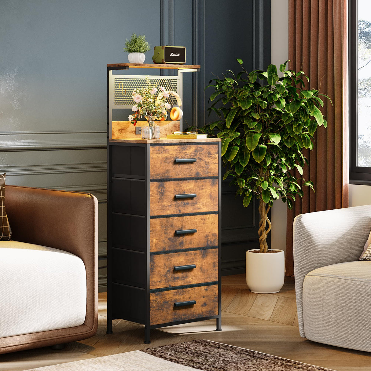 EKNKOZY Nightstand 5 Drawer Dresser with LED Lights, Charging Station, Metal Mesh Shelf with Hooks, Vertical Side Table with Fabric Drawers, End Table, Tall Dresser for Bedroom, Entryway, Rustic Brown EKNKOZY