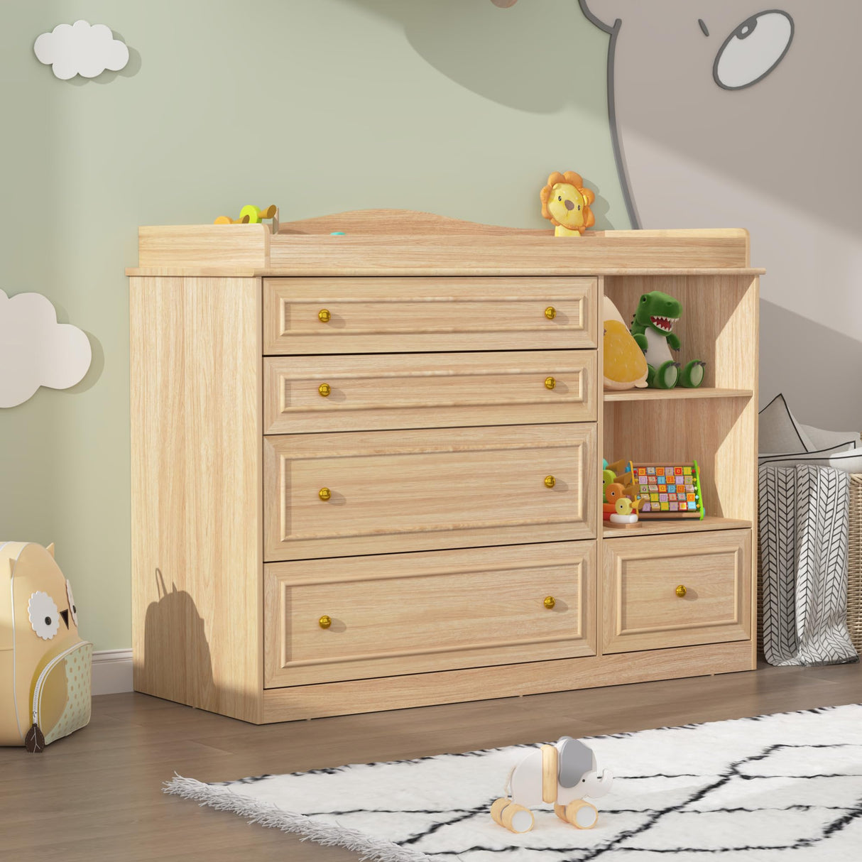 St.Mandyu Wood Changing Table Dresser, Baby Nursery Dresser, Baby Diaper Changing Table, 5 Drawers, Adjustable Shelves, Metal Handle, Curved Wrapping Design, Nature St.Mandyu