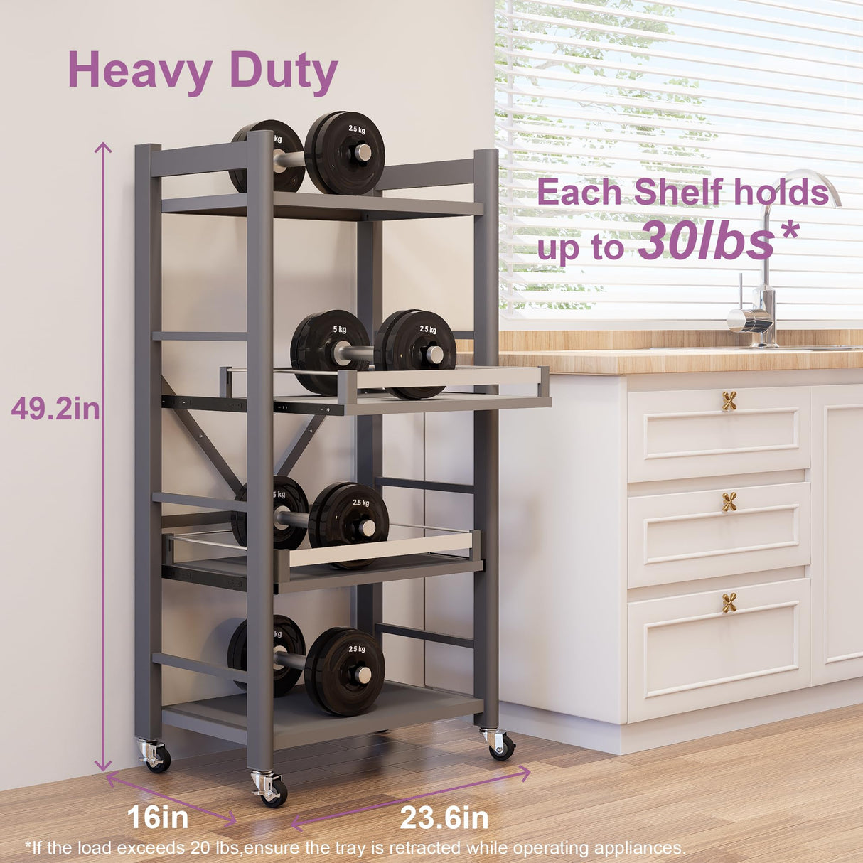 4-Tier Pull Out Kitchen Baker's Rack with Wheels, Heavy Duty Metal Microwave Stand with Storage, Adjustable Ktichen Shelves Freestanding, Rolling Utility Storage Cart (23.6''W x 49.2''H) Sharkwave Living